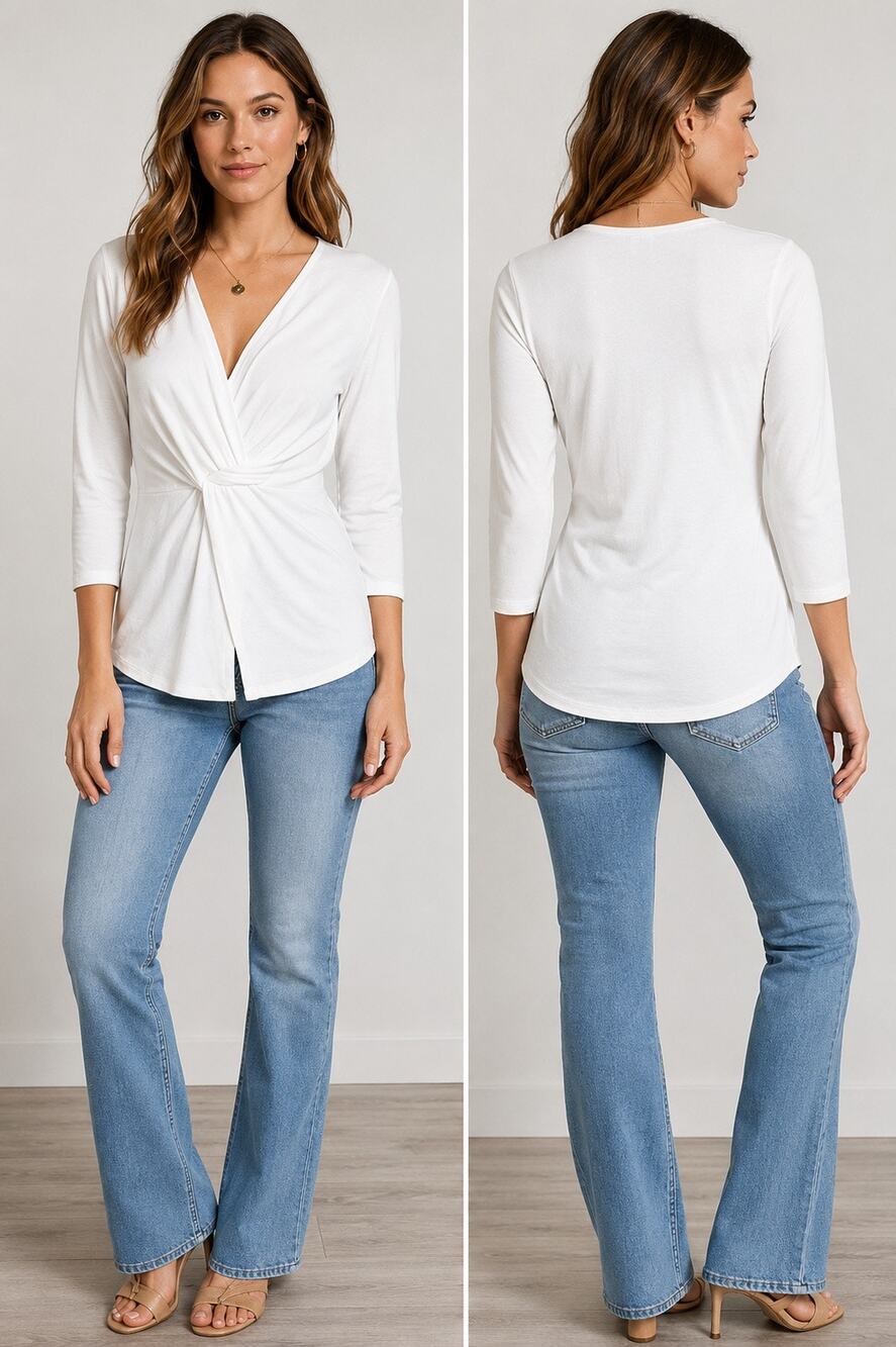 Loveappella Ivory Twist Front Surplice Top | 3/4 Sleeve | Size Small | NWT